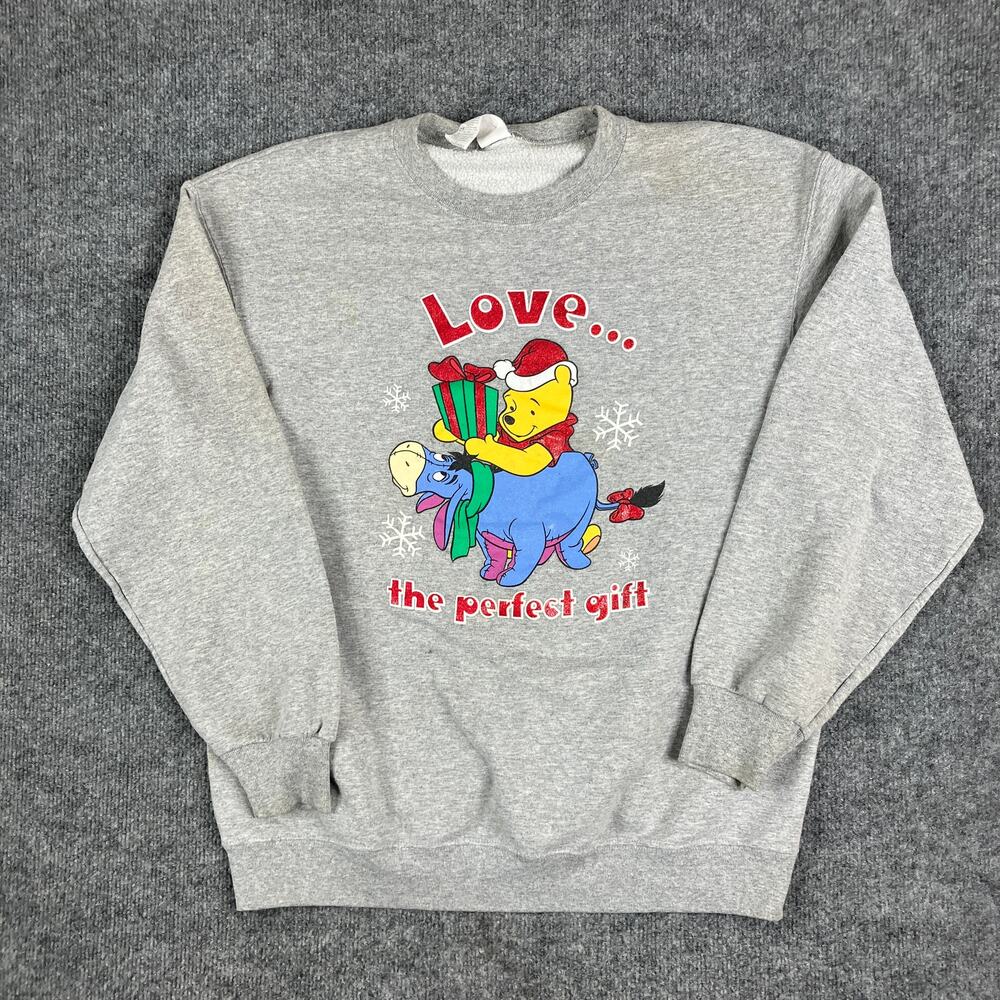Disney Winnie the Pooh Sweatshirt Womens Size L Gray Christmas Holiday Crew